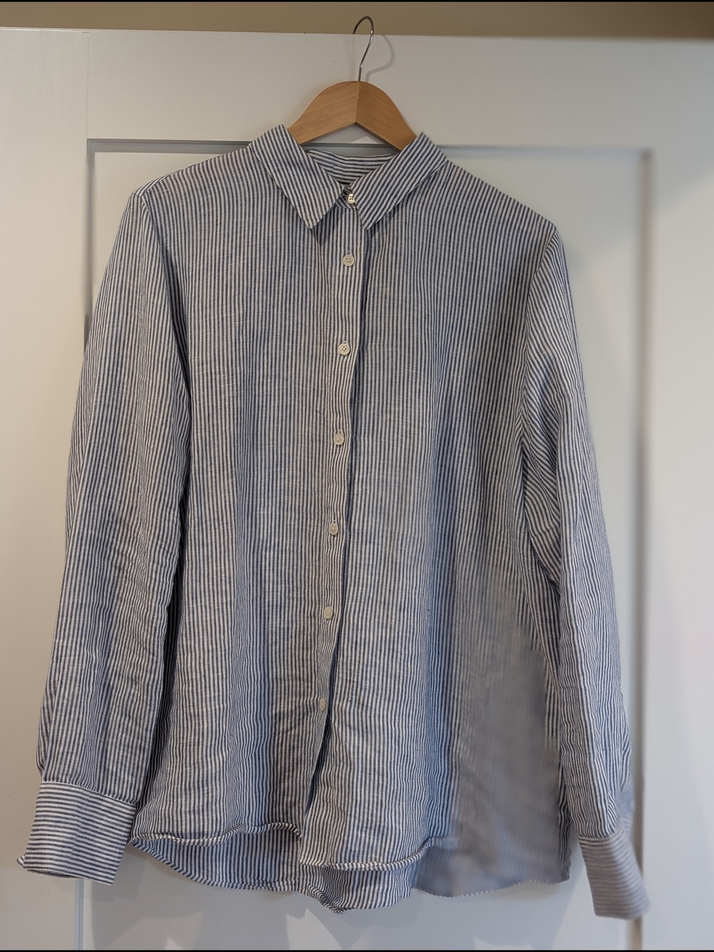 Nordstrom Signature Oversized Linen Blue and White Striped Button-Up Shirt